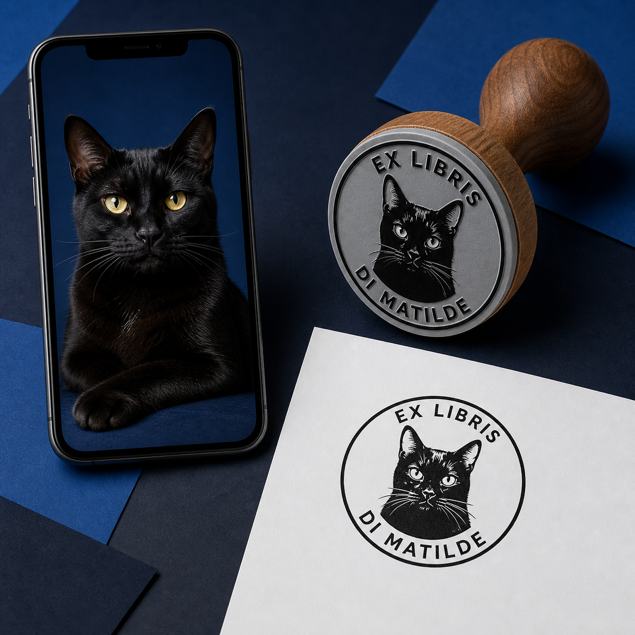 Timbro Personalizzato dalla tua Foto — Illustrazione AI in bianco e nero, Ø 40 mm