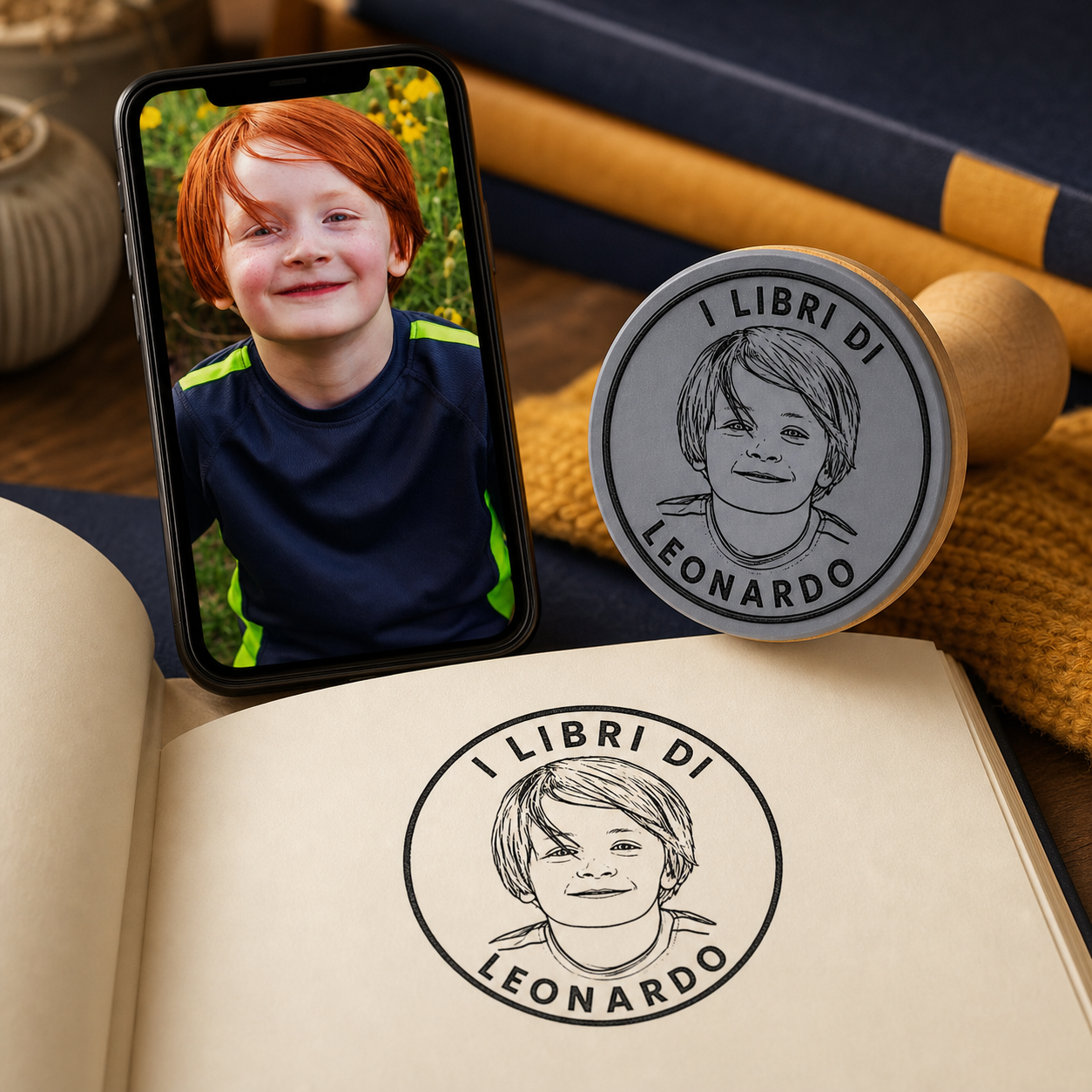 Timbro Personalizzato dalla tua Foto — Illustrazione AI in bianco e nero, Ø 40 mm