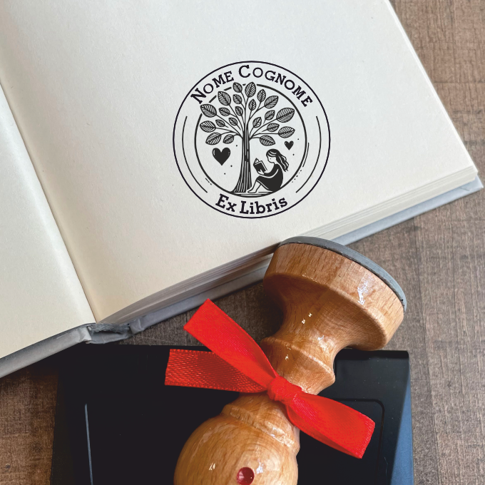 Stamp ex libris girl who reads - d. 40 mm