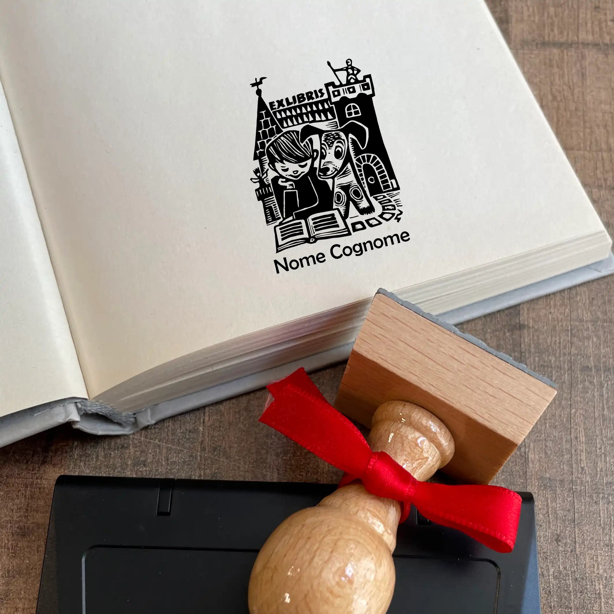 Timbro Ex Libris Bambino con Cane - 30x40 mm