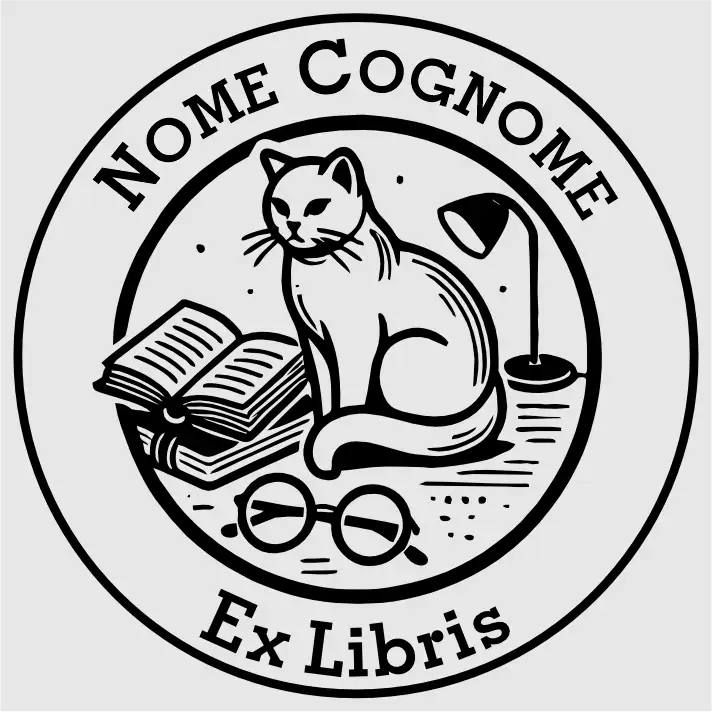 Timbro Ex Libris Gatto con occhiali - d. 40 mm