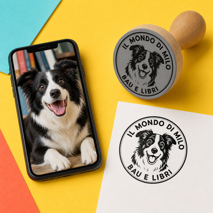 Timbro Personalizzato dalla tua Foto — Illustrazione AI in bianco e nero, Ø 40 mm