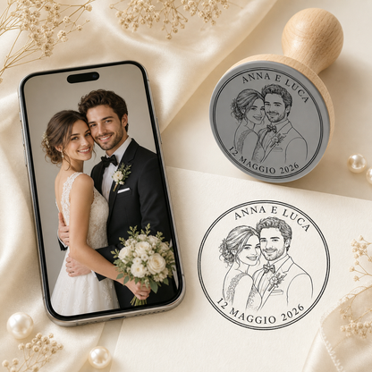 Timbro Personalizzato dalla tua Foto — Illustrazione AI in bianco e nero, Ø 40 mm