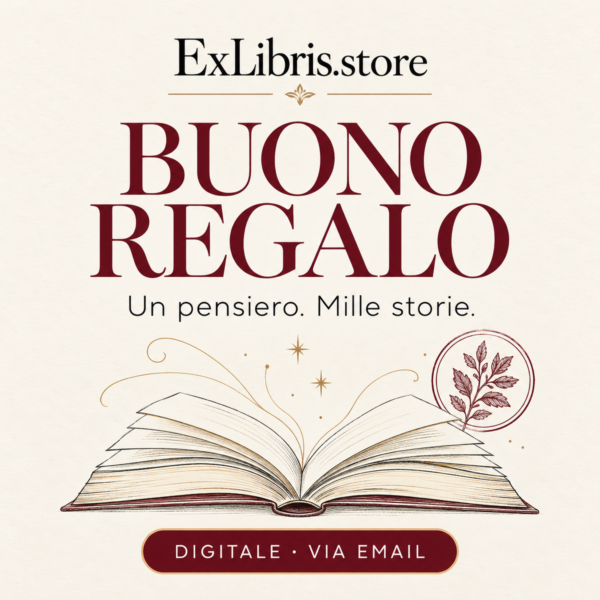 Buono regalo digitale ExLibris.store con libro illustrato e timbro floreale, consegnato via email